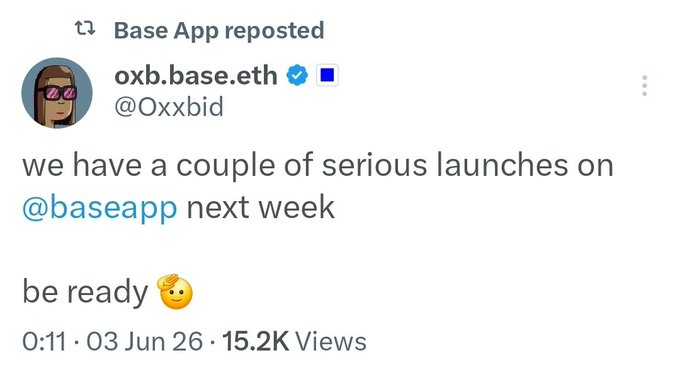 The image features a Twitter post with a cartoon character and text about a couple of serious launches happening next week. The post includes an emojis and a link to a video, suggesting that there might be some sort of promotional or informative content related to Base app.