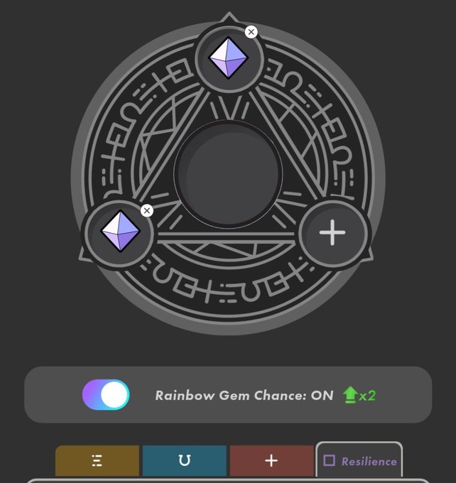 A digital interface featuring a circular magical rune design with two purple gems and a '+' button, along with a 'Rainbow Gem Chance: ON x2' toggle.