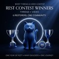 Festival poster 'BEST THEMA EVER-LIMITED REST CONTEST WINNERS - SPECIAL THANKS TO ALL PARTNERS OF THE 4 TUTORIAL ONE COMMUNITY' featuring a small blue cat figurine surrounded by trophies.
