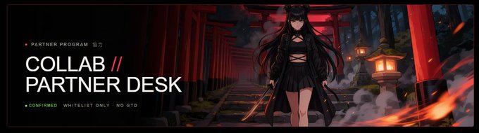 A promotional banner for a "PARTNER PROGRAM" and "COLLAB // PARTNER DESK" featuring an anime-style female character in a black outfit standing before red torii gates, with tags reading "CONFIRMED", "WHITELIST ONLY", and "NO OTC".