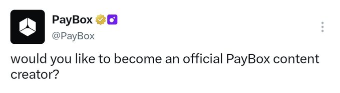 A tweet from PayBox (@PayBox) reading 'would you like to become an official PayBox content creator?' with a verified badge.