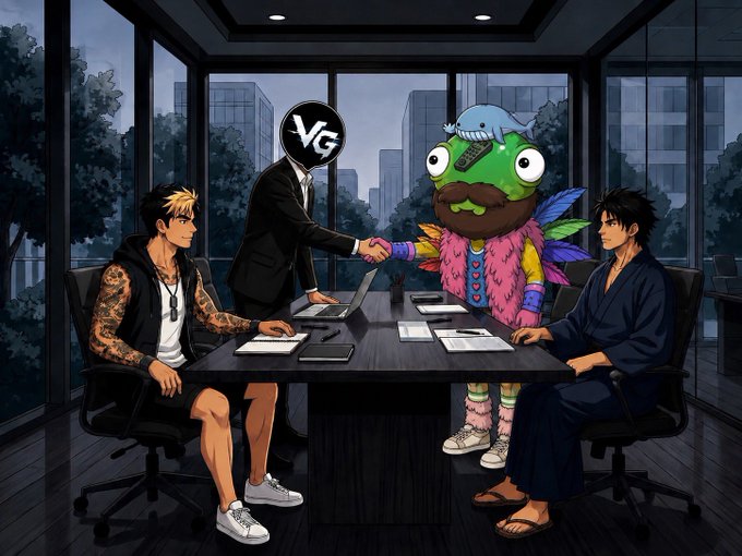 A colorful anime-style illustration showing characters around a conference table, including one in a suit with a 'VG' logo for a head shaking hands with a green-skinned, mustachioed character.