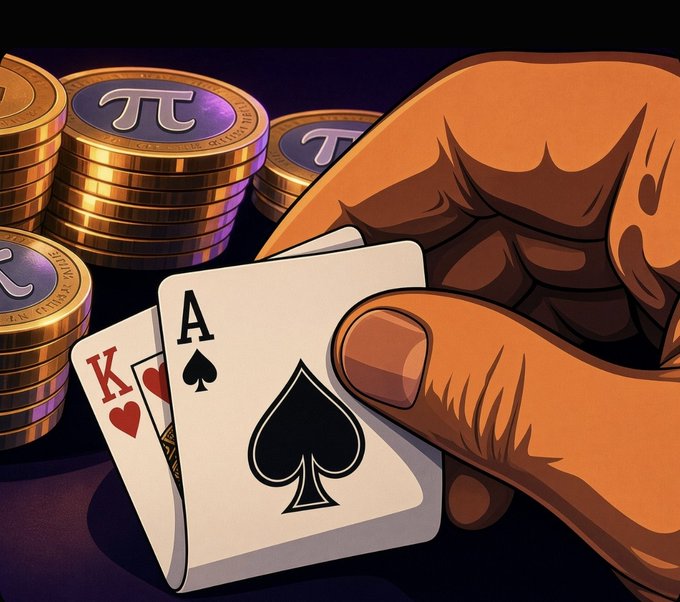 An illustrated hand grips the King of Hearts and Ace of Spades over a stack of gold Pi coins, visually linking Pi Network's cryptocurrency to a proposed high-stakes poker tournament. The image reinforces the post's invitation to a Texas Hold'em "King Championship" within the Pi ecosystem, where the legendary "pocket Kings and Aces" symbolize both poker royalty and the pursuit of being #1 among 60M Pioneers.