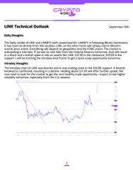 A screenshot of a financial newsletter titled 'LINK Technical Outlook' dated September 15th, featuring a price chart and bearish analysis.