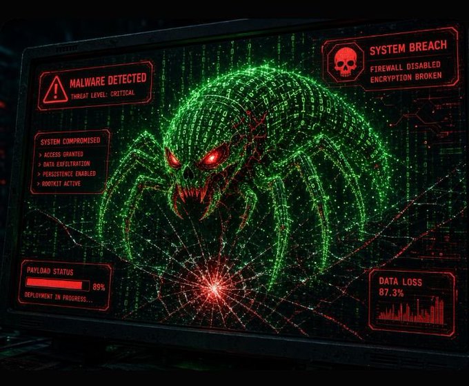 A sci-fi style graphic displaying a 'MALWARE DETECTED' warning with 'SYSTEM BREACH' on a monitor, featuring a large green digital spider with glowing red eyes and cracks on the screen.
