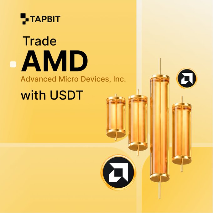 A promotional graphic for TAPBIT advertising 'Trade AMD (Advanced Micro Devices, Inc.) with USDT' featuring golden candlestick chart elements.
