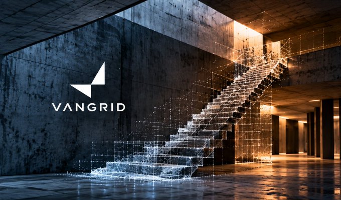 VanGrid logo featuring a white geometric arrow icon with the text 'VANGRID' overlaid on a dramatic image of a concrete staircase constructed from glowing wireframe mesh in a dark industrial space.