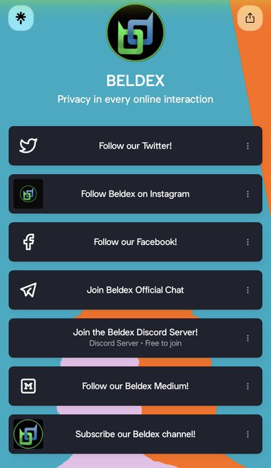 A mobile app screen for BELDEX with the tagline 'Privacy in every online interaction,' featuring social media links including Twitter, Instagram, Facebook, Chat, Discord Server, Medium, and a channel subscription.