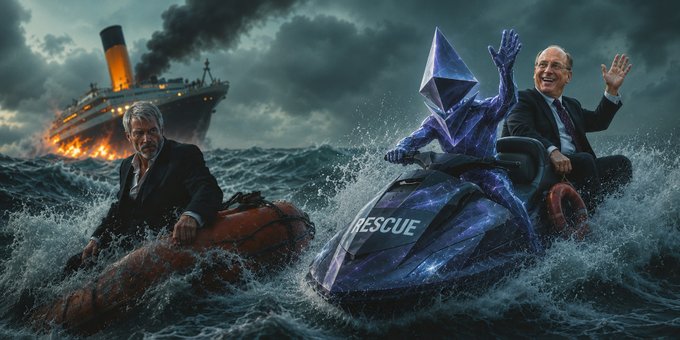 A satirical AI-generated image showing two men in suits in a stormy sea; one clings to a life raft near a sinking ship, while the other rides a jet ski labeled 'RESCUE' shaped like the Ethereum logo.