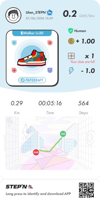 The image shows a STEPN app screenshot for user "Utan_STEPN" dated 27/06/2026, displaying a "Walker Lv30" sneaker NFT (#767352671) with 0.2 GMT/Min earnings, and a completed run of 0.29 km in 00:05:16 with 564 steps, which directly corresponds to the post about consuming Energy (エナ) while taking a child to lessons on a rainy day off.