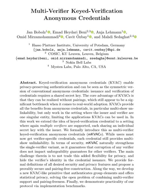 The image shows the title page of an academic paper titled "Multi-Verifier Keyed-Verification Anonymous Credentials" by Jan Bobolz, Emad Heydari Beni, Anja Lehmann, Omid Mirzamohammadi, Cavit Özbay, and Mahdi Sedaghi, with affiliations from Hasso Plattner Institute, COSIC KU Leuven, Nokia Bell Labs, and Mysten Labs, featuring an abstract explaining their cryptographic credential system. This relates to the post about researchers from Mysten Labs, Sui Network, Nokia Bell Labs, and universities addressing digital identity privacy challenges through multi-verifier anonymous credentials technology.