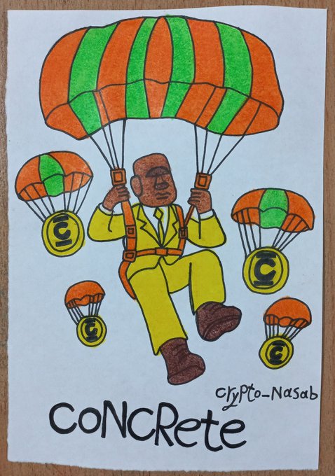 A hand-drawn/colored artwork depicting a man in a yellow suit parachuting down with several coin-shaped parachutes bearing a "C" logo, labeled "CoNcRete" and signed "Crypto_Nasab".