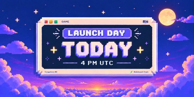 A retro pixel-art style promotional graphic announcing "LAUNCH DAY TODAY 4 PM UTC" for a project by Computers RH with a Robinhood Chain logo, set against a starry purple sky with clouds and a moon.