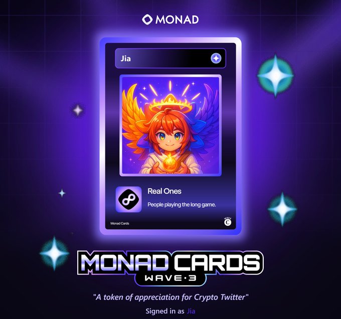 Monad Cards Wave 3 digital collectible card featuring an anime-style angel character, signed by 'Jia' with the label 'Real Ones' on a purple background.