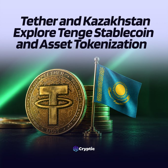 The image illustrates news that Tether and Kazakhstan are exploring a tenge stablecoin and asset tokenization, featuring a large USDT coin beside a small Kazakhstan flag on a flagpole and stacked coins. Bold headline text at the top reads “Tether and Kazakhstan Explore Tenge Stablecoin and Asset Tokenization,” and the “Cryptic” logo appears at the bottom.