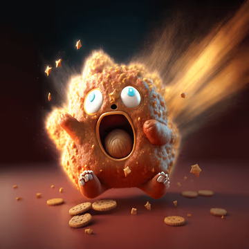 A 3D rendered cartoon cookie creature with a wide-open mouth and big eyes appears startled, with crumbs scattered around it on a dark surface.