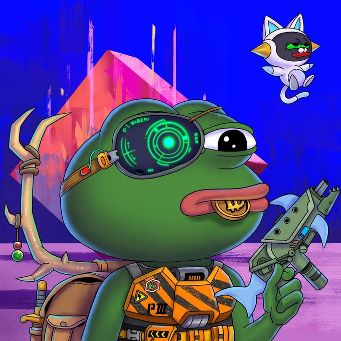 A cartoon Pepe the Frog character wearing a high-tech eyepiece and orange tactical gear, holding a sci-fi gun, with a flying cat companion in a purple setting.