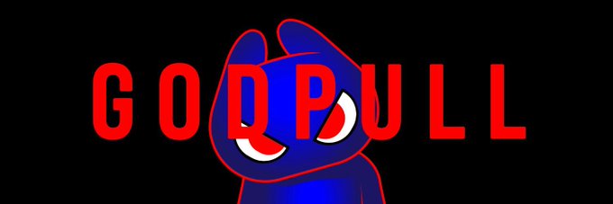 A red and blue cartoon character with an intense expression is centered against a black background, with the bold red text "GODPULL" displayed prominently across the image, representing the branding of the @TheGodPull NFT project mentioned in the post about bringing back NFT vibes.