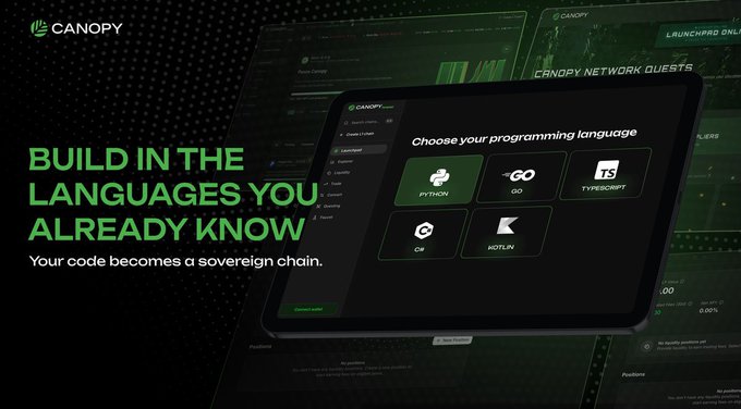 A promotional graphic for "CANOPY" with the tagline "BUILD IN THE LANGUAGES YOU ALREADY KNOW" and "Your code becomes a sovereign chain," showing a tablet interface for choosing programming languages including Python, Go, TypeScript, C#, and Kotlin.