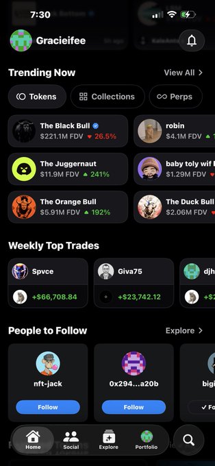 A mobile app screenshot for user 'Gracieffee' showing trending tokens and collections including The Black Bull, The Juggernaut, The Orange Bull, robin, baby toly wif, and The Duck Bull, along with weekly top trades and people to follow.