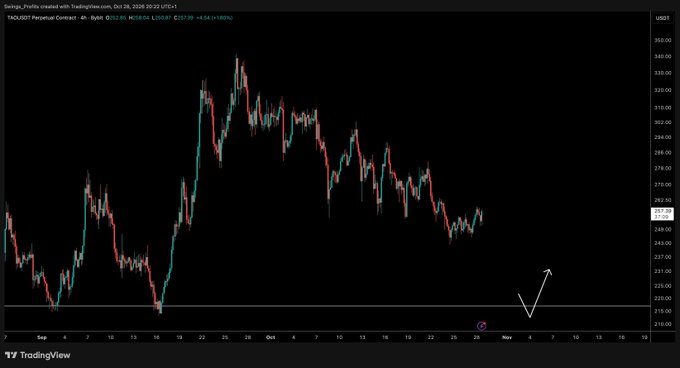 A TradingView chart shows TAOUSDT Perpetual Contract on Oct 28, 2026, with price around 256.4 USDT, ranging roughly from 214 to 338 USDT. The chart indicates no structural change and highlights a possible rebound from the 214–216 USDT support area, consistent with the post’s note that there are still no entries.