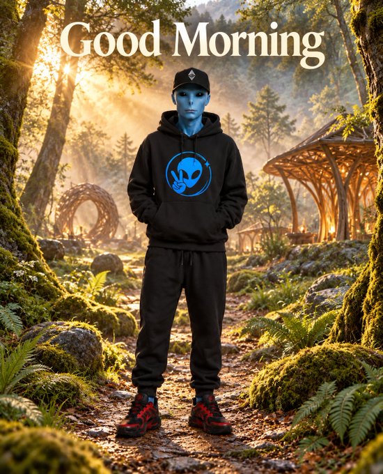 A figure with blue skin wearing a black alien-themed hoodie and matching sweatpants stands in a sunlit forest, with the text 'Good Morning' displayed at the top.
