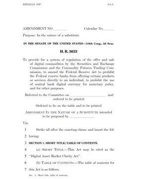 This image shows the first page of U.S. Senate Amendment No. 1953 to H.R. 2633, dated June 27, 1980, which proposed a "Digital Asset Market Clarity Act" framework for regulating digital commodities under the Federal Reserve and SEC.

The caption note "Clarity act or not, $BTC doesn't care" relates to the historical irony that this 1980 amendment—introduced long before Bitcoin's existence—foreshadowed today's cryptocurrency regulatory debates, though Bitcoin operates independently of such legislation.