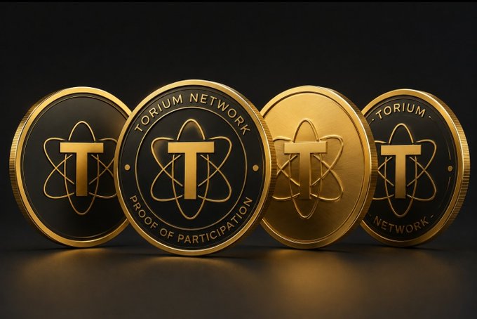 Four gold and black commemorative coins are displayed against a dark background, each prominently featuring the "TORIUM NETWORK" name and "PROOF OF PARTICIPATION" inscription around a stylized "T" atom logo, symbolizing the project's hybrid Layer-1 cryptocurrency and its PoP consensus mechanism.