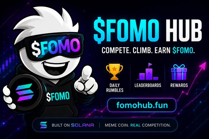 A bold "$FOMO HUB" promotional graphic featuring a cartoon mascot in branded sunglasses holds the $FOMO Solana logo, with "Compete. Climb. Earn $FOMO" tagline alongside icons for Daily Rumbles, Leaderboards, and Rewards, directing viewers to fomohub.fun. The accompanying post highlights the platform's daily rumble results, with top buyer youzyymonk leading at 107,759,456 FOMO tokens.