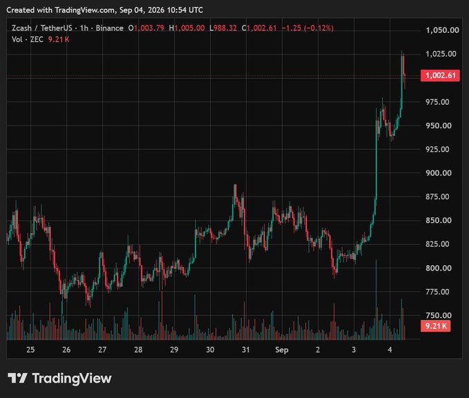 A TradingView candlestick chart of Zcash (ZEC/USDT) on Binance dated September 4, 2026, showing a sharp price rally to $1,002.61 with a 1.25% decline on the hourly candle.