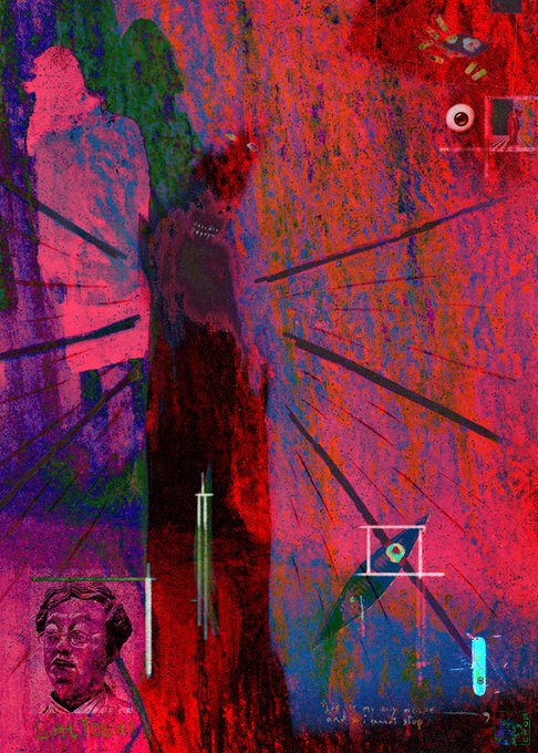 A vibrant, chaotic digital artwork dominated by red and purple tones, featuring a monstrous figure, geometric shapes, and a portrait of a person wearing a headset in the lower left corner.