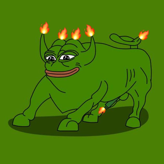 A cartoon illustration of a green bull with four flaming horns and flames coming from its rear, resembling a Pepe-style character on a green background.