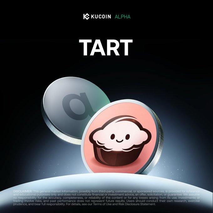 The image is a KuCoin Alpha promotional graphic featuring the "TART" token, displaying a stylized coin with a cute cupcake character design against a dark space-themed background, with a standard disclaimer at the bottom. The announcement "We getting started. More news incoming." suggests the image teases an upcoming TART token launch or listing event on the KuCoin Alpha platform.