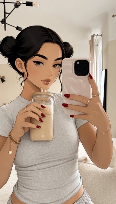 A digital illustration of a young woman with space buns taking a mirror selfie while holding an iced drink in a glass, wearing a gray t-shirt and red nail polish.