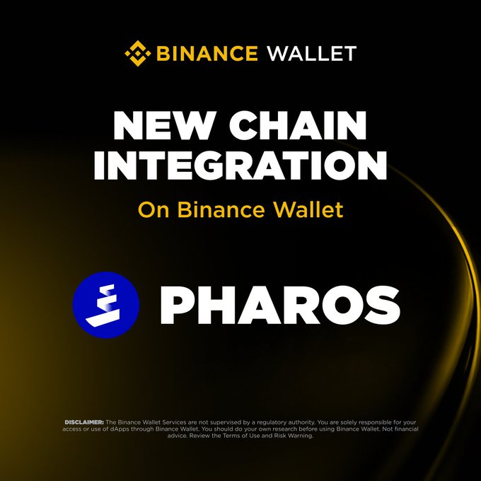 A promotional graphic by Binance Wallet announcing the new chain integration of Pharos on its platform, featuring the Binance Wallet logo at the top and the Pharos blue logo below. The image reinforces the post's announcement by visually highlighting the partnership between Binance Wallet and the Pharos Chain, encouraging users to explore the new integration.