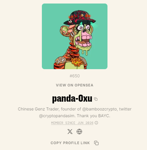 The image features a cartoon character of a panda wearing a hat with a flower design. The panda appears to be smiling, giving off an impression of happiness or amusement. The post is titled "panda-0xu" and has been shared by @verotheape on Twitter. It also mentions that the post was created in June 2016 and links to other posts made by @bayc.com.
