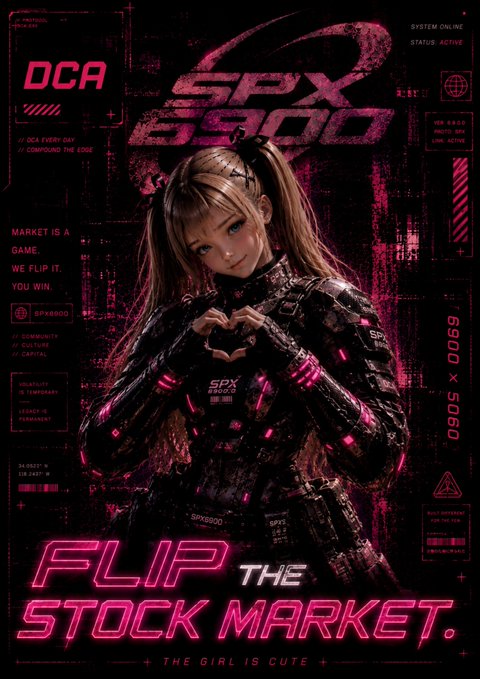 A cyberpunk-style promotional poster featuring an anime girl in tactical gear making a heart gesture, with text 'DCA', 'SPX 6900', 'MARKET IS A GAME. WE FLIP IT, YOU WIN.', and 'FLIP THE STOCK MARKET. THE GIRL IS CUTE.'