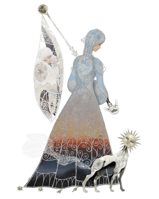 An elegant illustration of a hooded figure in an ornate flowing gown with intricate swirling patterns, holding a decorative parasol and a small cup, accompanied by a stylized white dog with a sun-like motif on its head.