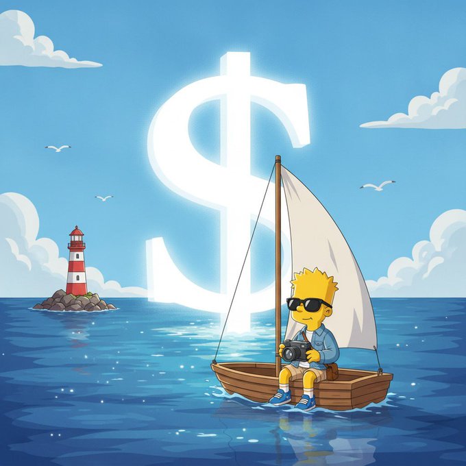 An illustration of a Bart Simpson-like character wearing sunglasses and holding a camera, sitting in a small sailboat on a blue ocean with a large dollar sign, a lighthouse, and seagulls in the background.