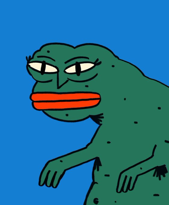 A cartoon drawing of a green frog-like figure with large red lips and a sly expression against a blue background.