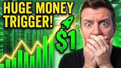 YouTube thumbnail-style image showing a shocked man with his hand over his mouth, with bold text 'HUGE MONEY TRIGGER!' and a green '$1' graphic with an upward arrow, set against a background of green stock charts.