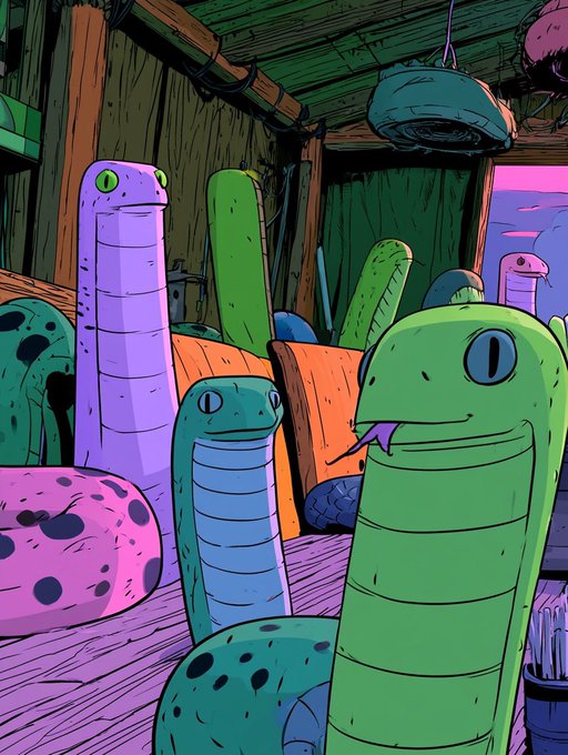 A colorful cartoon illustration depicts various stylized snakes in shades of green, blue, and purple inside a wooden room, with one sticking out its tongue.