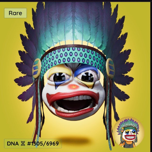 A 3D-rendered rare clown face NFT with a feathered headdress and an exaggerated grin is displayed against a yellow background, labeled "Rare" in the top left and "DNA 🧬 #1305/6969" in the bottom left, with a small circular avatar in the bottom right corner. The image matches the post's reference to "Gforge The Joker face" paired with a "SOL Headdress."