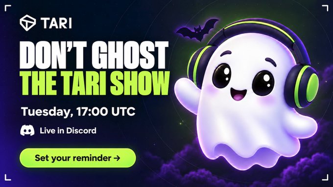 A promotional banner for "The Tari Show" featuring a cute cartoon ghost mascot wearing neon green headphones, with a bat flying overhead against a purple night sky. The text reads "DON'T GHOST THE TARI SHOW," scheduled for "Tuesday, 17:00 UTC," streaming "Live in Discord" with a green "Set your reminder →" button, matching the post's announcement of the Halloween-themed event.