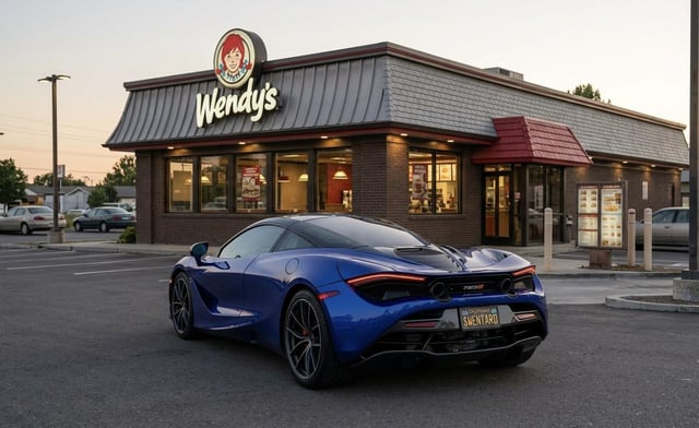 A blue McLaren sports car with license plate "3CMT090" parked in front of a Wendy's fast-food restaurant at dusk.