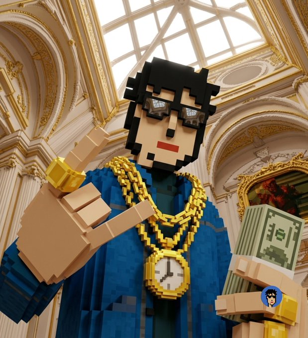 A 3D pixel-art style character wearing sunglasses, a blue jacket, and large gold chains with a clock pendant, holding stacks of cash in an ornate palace-like setting.