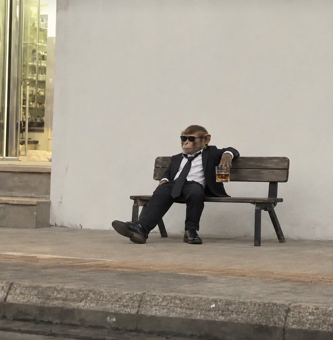 A monkey dressed in a black suit, white shirt, and tie sits on a wooden bench against a white wall, wearing sunglasses and holding a glass of an amber beverage.