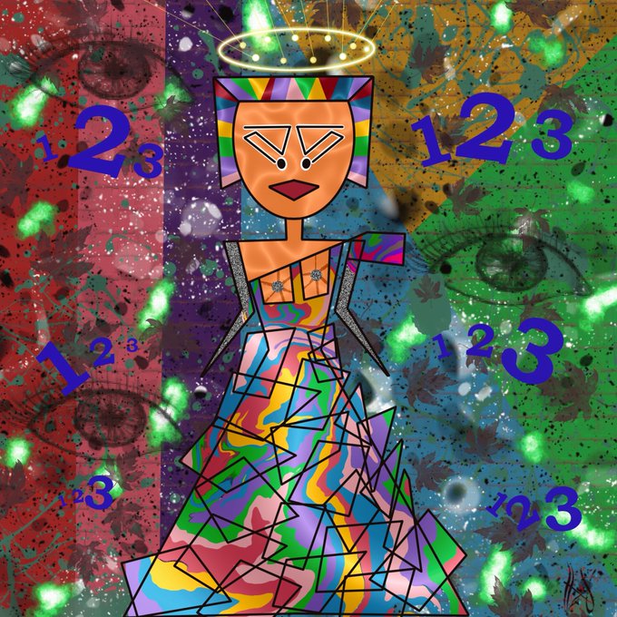 A colorful digital artwork depicts a stylized figure with a halo wearing a multicolored geometric dress, surrounded by eyes and the numbers 1, 2, and 3.