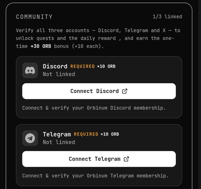 A dark-themed web interface titled 'COMMUNITY 1/3 linked' prompting users to verify Discord, Telegram, and X accounts to earn a +30 ORB bonus, with Discord and Telegram connection buttons visible.