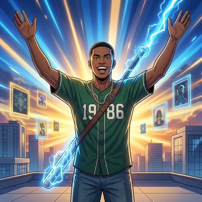 A vibrant comic-style illustration of a smiling man wearing a green “1986” jersey, raising his arms amid lightning, glowing panels, and a city skyline.